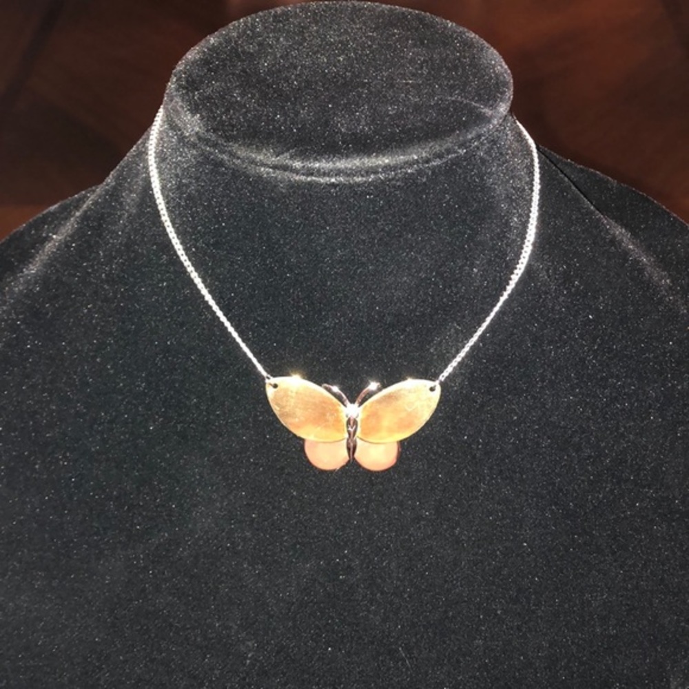 Avon Vintage Silver Tone & Gold Tone Butterfly Pendant Necklace